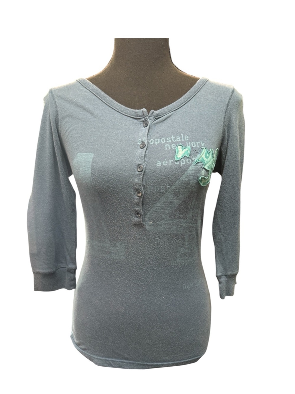 Aeropostale Women’s M blue Henley 3/4 Sleeve Embroidered Y2K Top